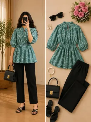 Women Teal Green Floral Printed Peplum top