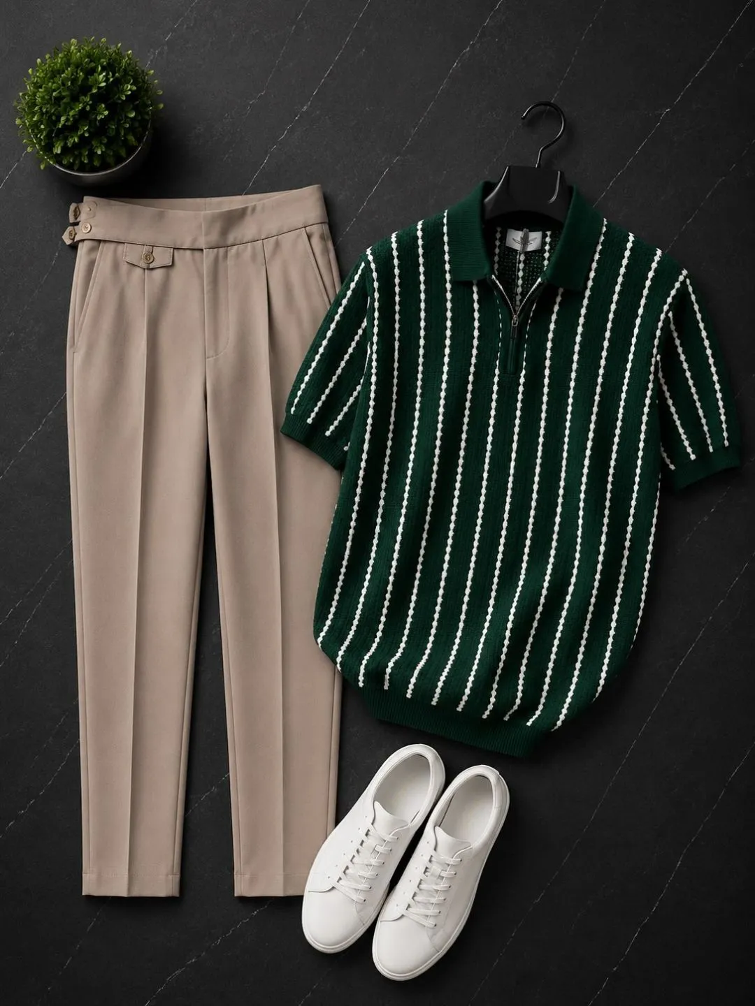 Men Green Vertical-Striped Knit Zip-Polo with Beige Trousers