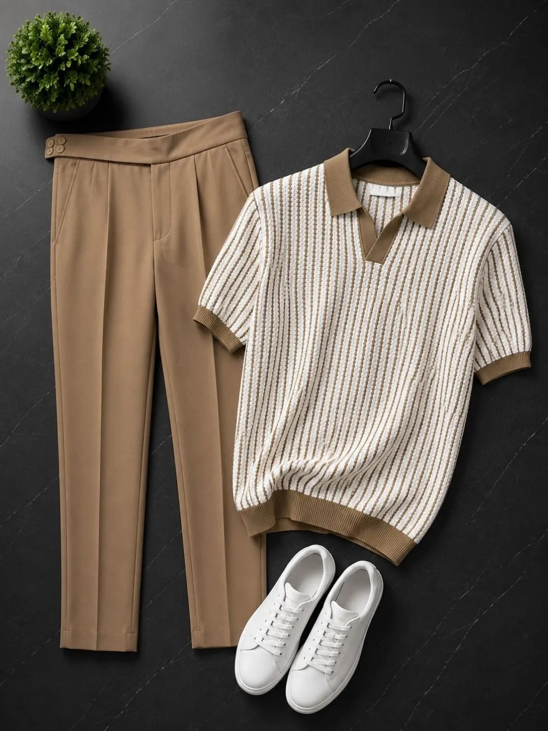 Men Green Vertical-Striped Knit Zip-Polo with Beige Trousers - Image 2