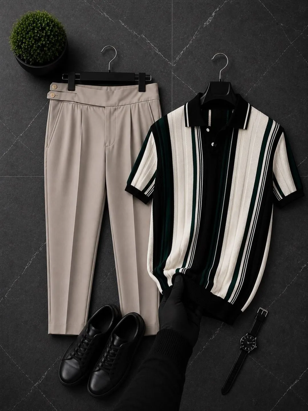 Men Green Vertical-Striped Knit Zip-Polo with Beige Trousers - Image 3