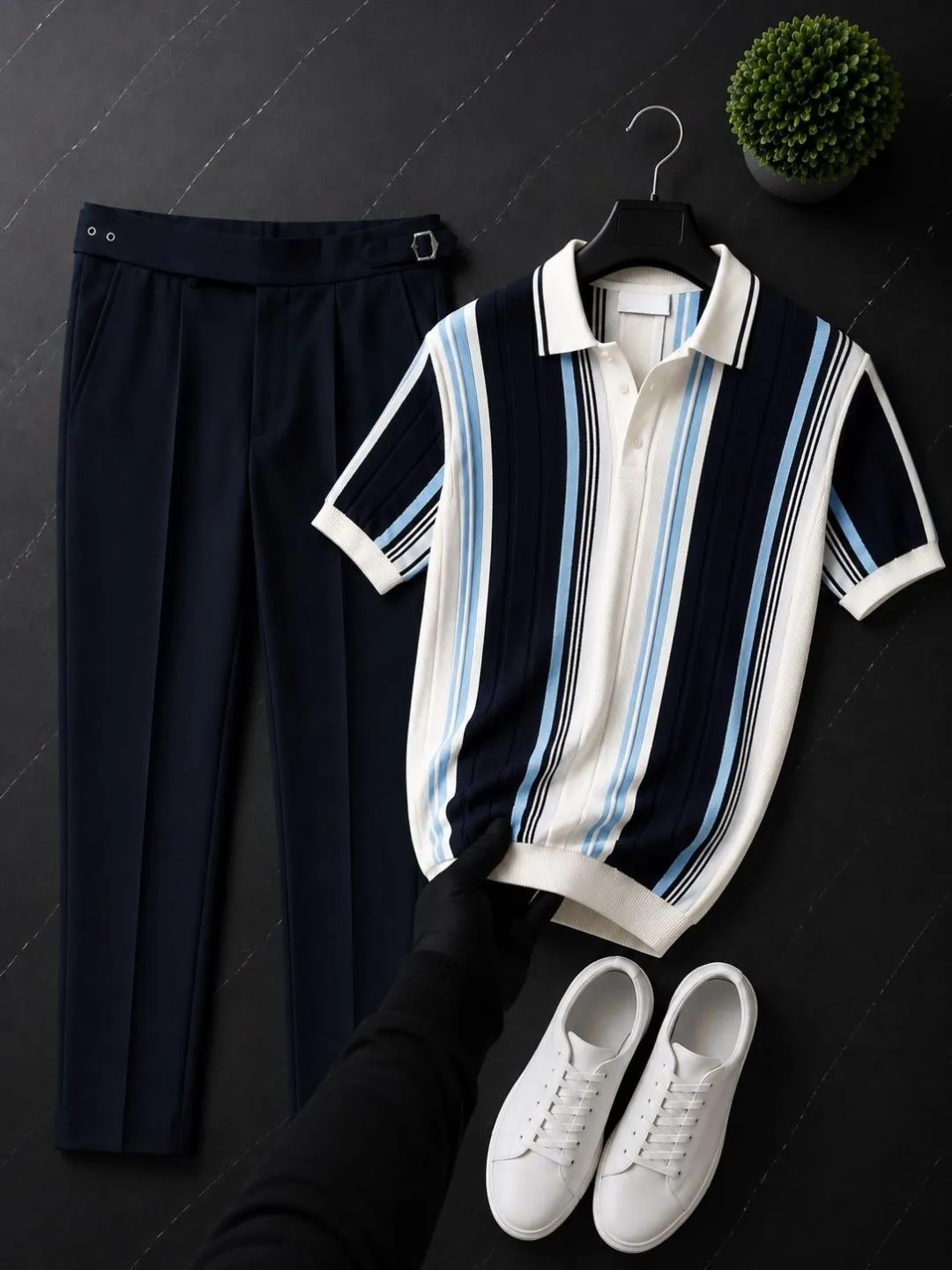 Men Green Vertical-Striped Knit Zip-Polo with Beige Trousers - Image 4