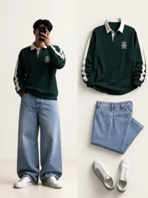 Men Forest Green Long-Sleeve Polo with Light Blue Wide-Leg Jeans