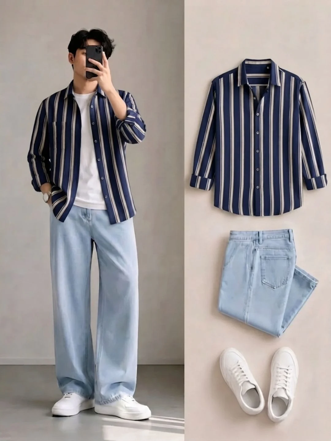 Men Striped Long-Sleeve Shirt with White Tee and Light Jeans Combo - Image 2