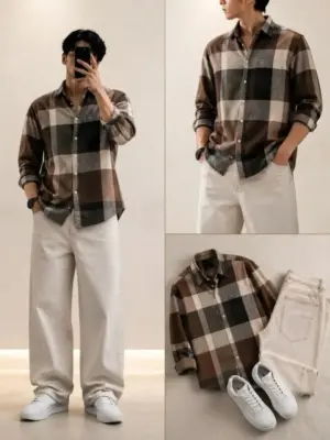 Men Plaid Long-Sleeve Button-Down Shirt with Neutral Jeans