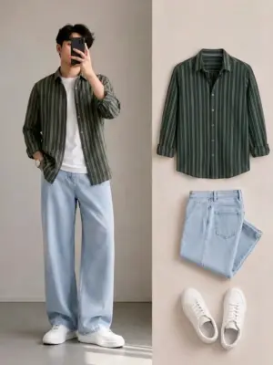 Men Striped Long-Sleeve Shirt with White Tee and Light Jeans Combo