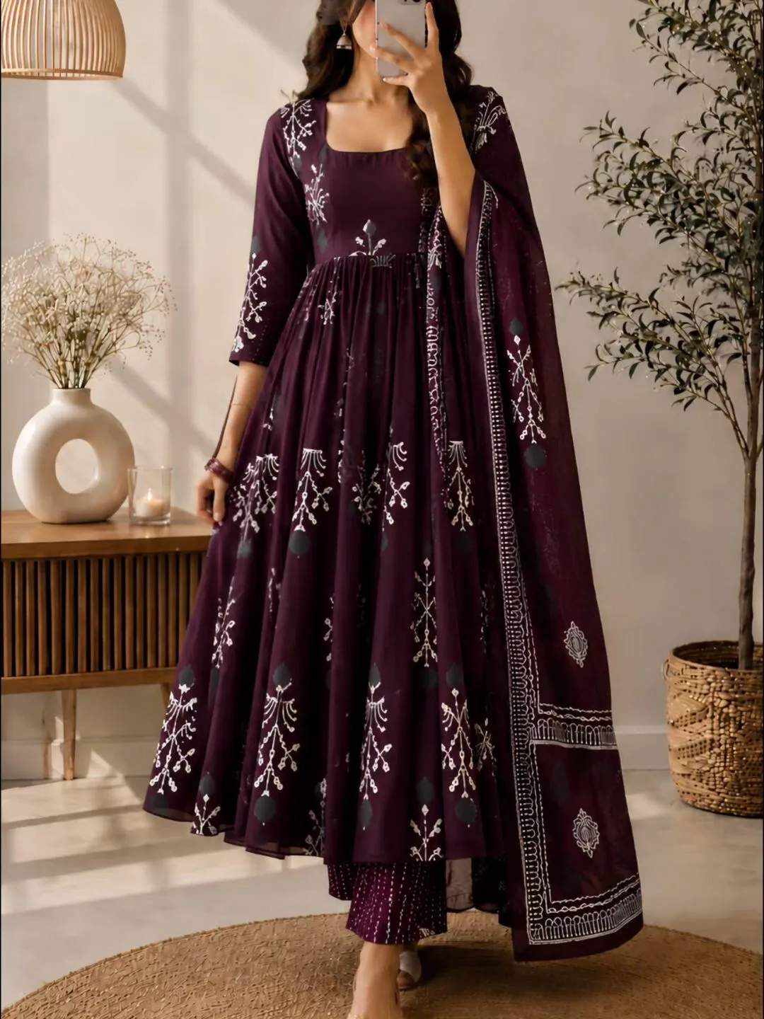 Women Flared Anarkali Kurta with Palazzo Pants and Printed Dupatta Festive Set - Image 4