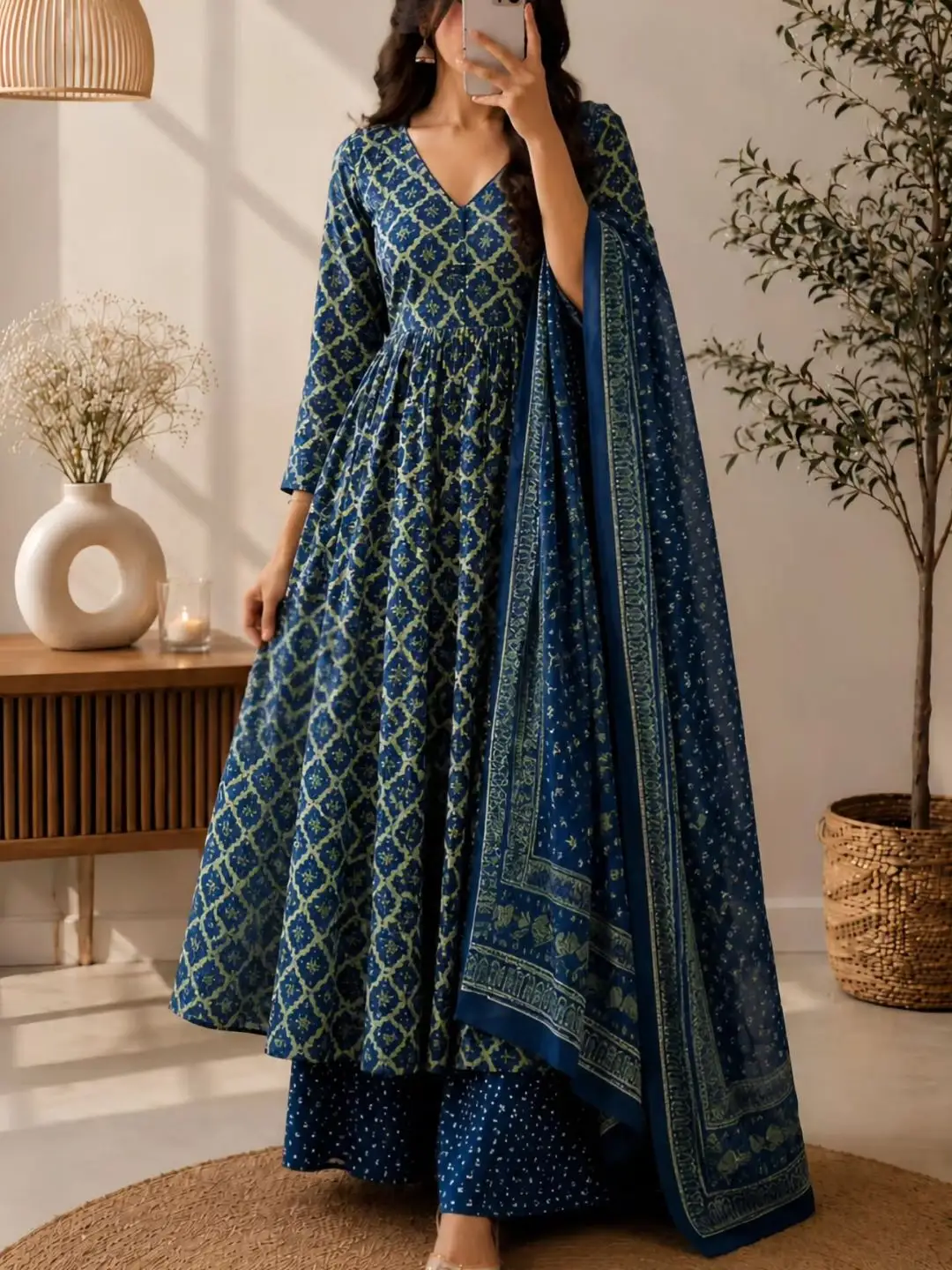 Women Flared Anarkali Kurta with Palazzo Pants and Printed Dupatta Festive Set - Image 2