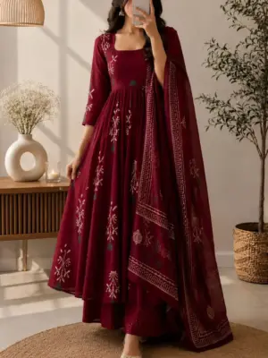 Women Flared Anarkali Kurta with Palazzo Pants and Printed Dupatta Festive Set
