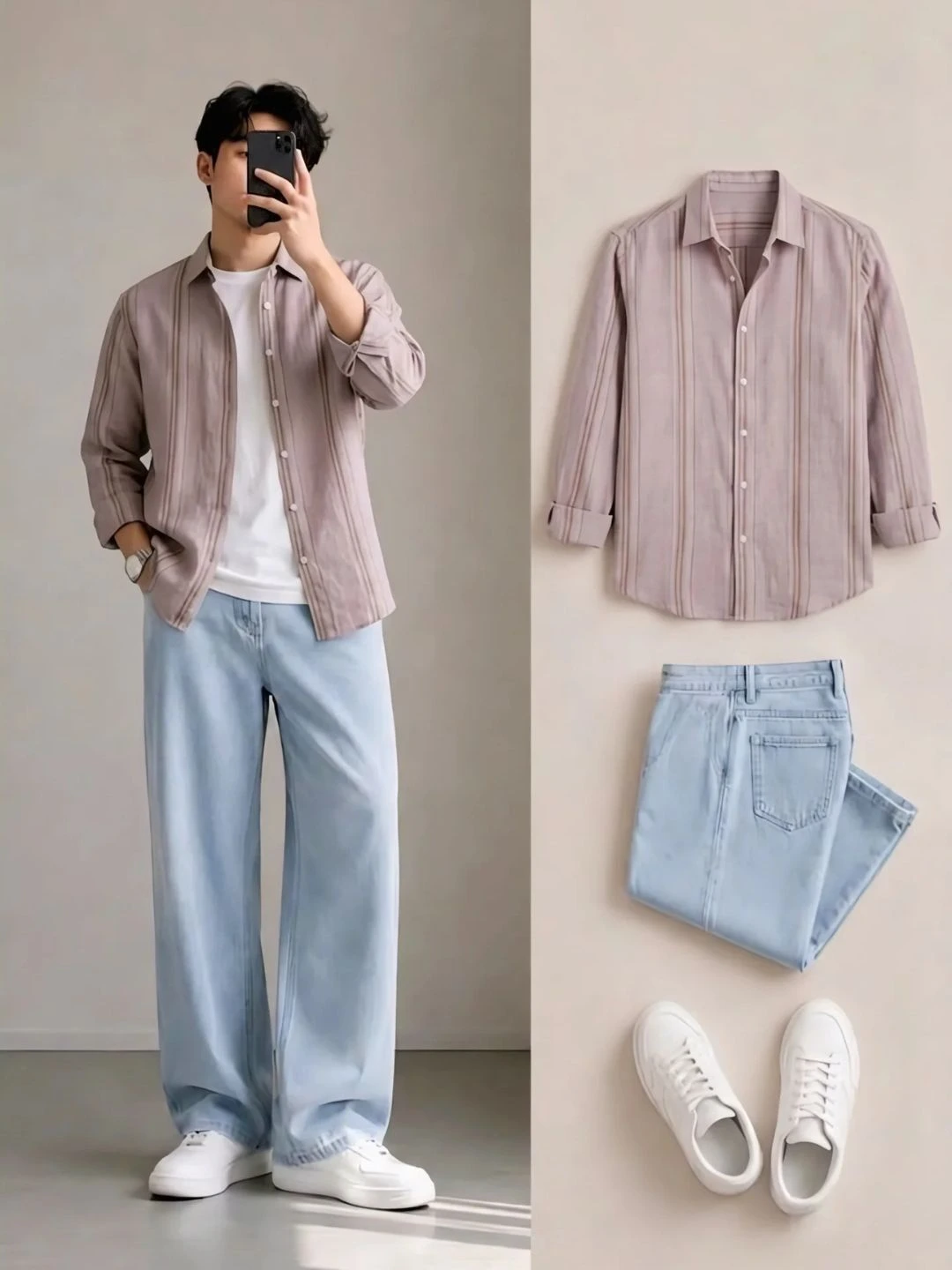 Men Striped Long-Sleeve Shirt with White Tee and Light Jeans Combo - Image 3