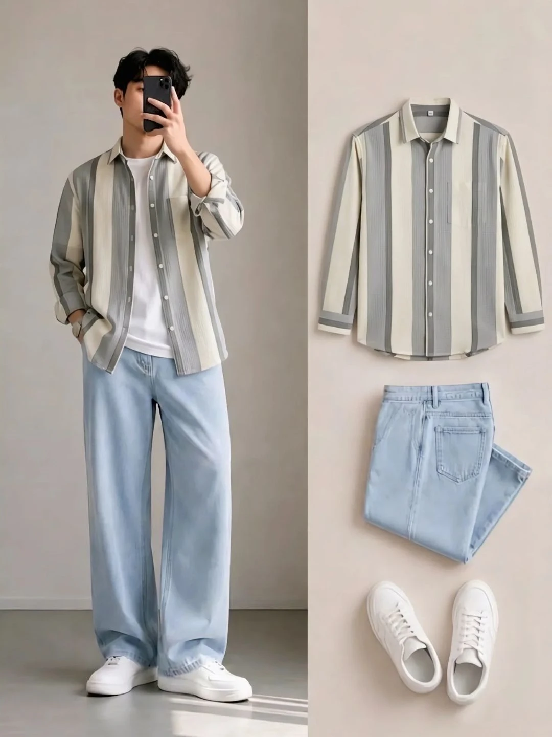 Men Striped Long-Sleeve Shirt with White Tee and Light Jeans Combo - Image 4