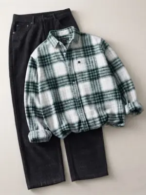 Men Checked Flannel Long-Sleeve Shirt with Dark Corduroy Trousers Combo