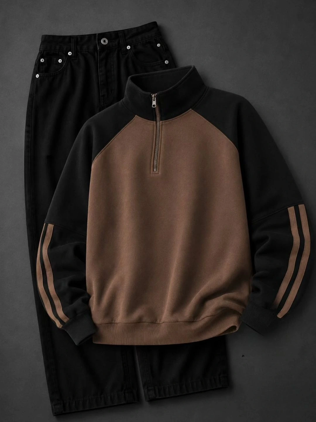 Quarter-Zip Colorblock Sweatshirt & Black Denim Pants Set - Image 3