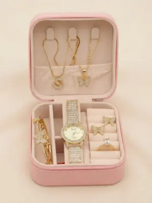 Pink Velvet Travel Jewelry Box and Butterfly Gold Crystal Set