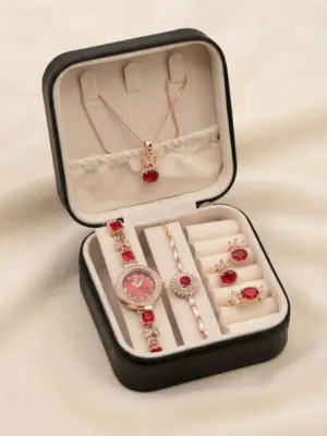 Black and Rose Gold Velvet Travel Jewelry Box and Red Crystal Set