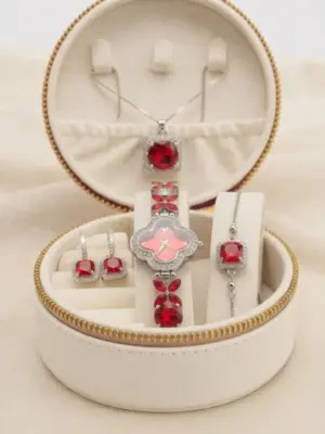 Red and Silver Velvet Round Travel Jewelry Box and Crystal Set