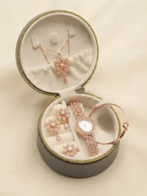 Grey Velvet Round Travel Jewelry Box and Rose Gold Floral Crystal Set