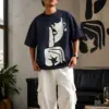 Graphic Print Navy Tee & White Cargo Pants Ensemble