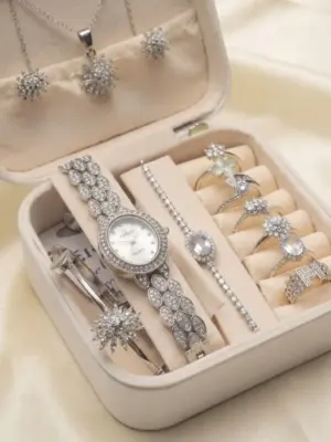 White Velvet Travel Jewelry Box and Silver Crystal Set