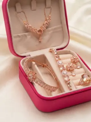 Pink Velvet Travel Jewelry Box and Rose Gold Crystal Set