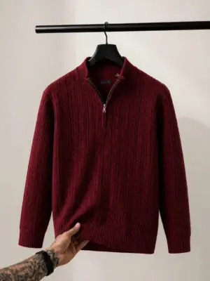 Classic Maroon Quarter-Zip Cable-Knit Pullover