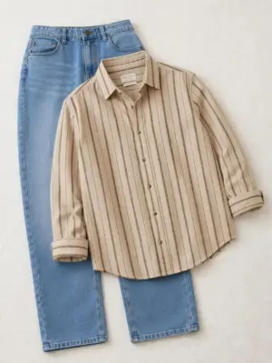 Beige Striped Button-Down Shirt & Blue Denim Jeans Duo