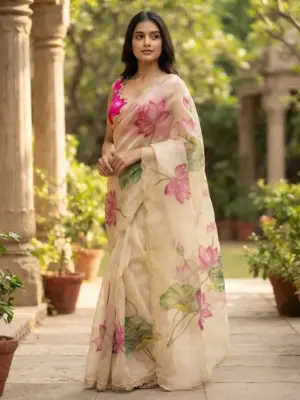 Floral Hand-Painted Organza Saree with stitched Blouse Piece