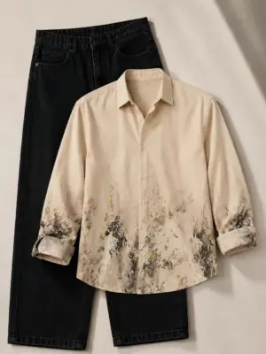 Abstract Paint-Splatter Beige Shirt and Black Denim Set