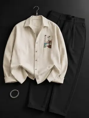 Artistic Landscape Embroidered Cream Shirt and Black Trouser Set
