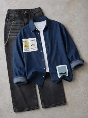 Vintage Car Graphic Denim Shirt and Black Jeans Ensemble