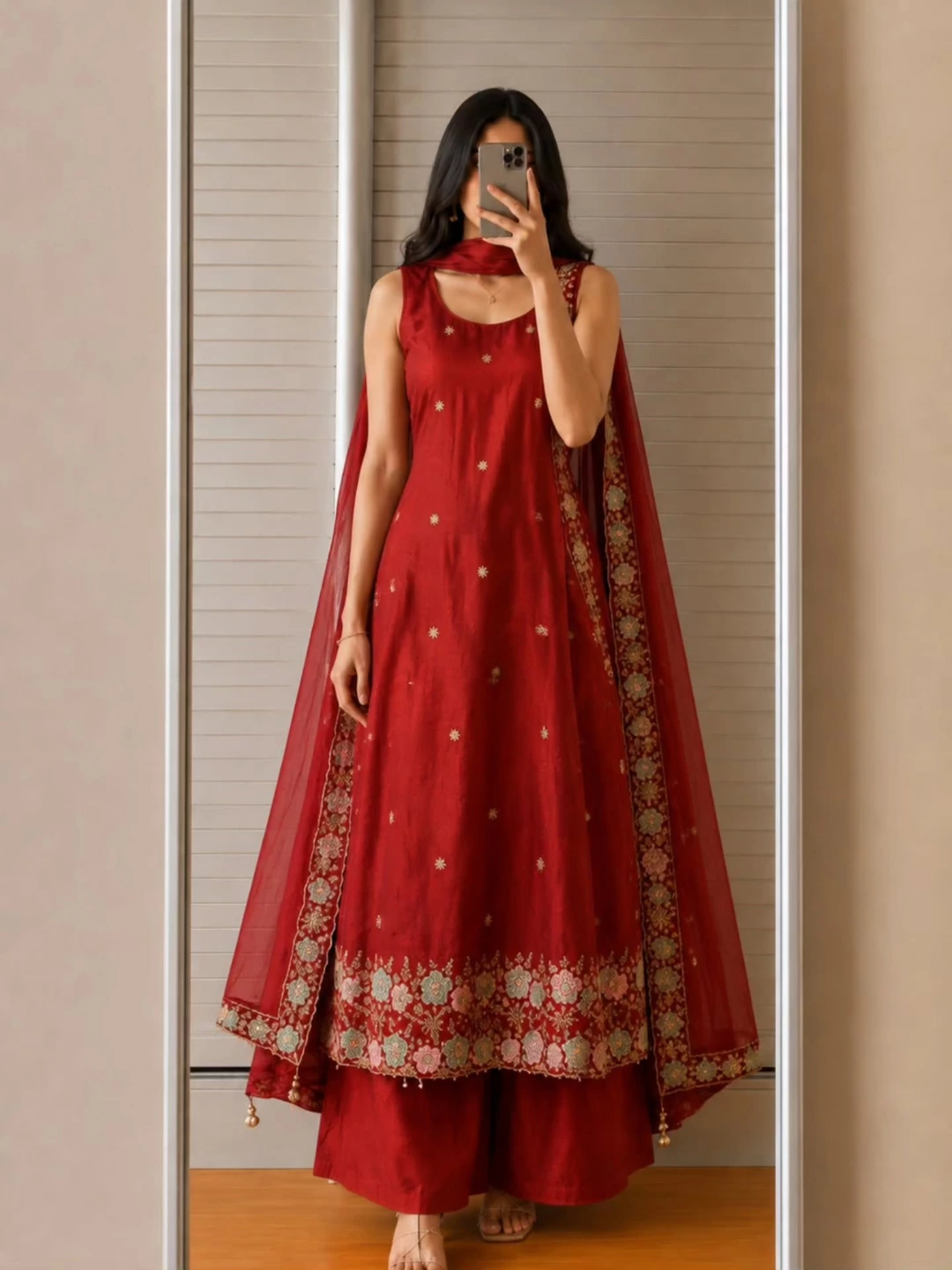 Regal Plum Embroidered Kurta Set with Palazzo and Dupatta - Image 4