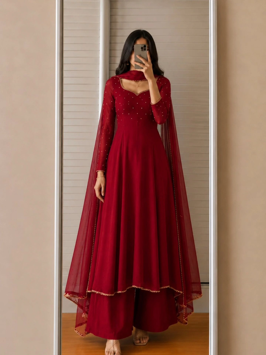 Regal Plum Embroidered Kurta Set with Palazzo and Dupatta - Image 2