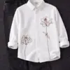 Minimalist Line-Art Rose Embroidered White Shirt and Black Denim Set