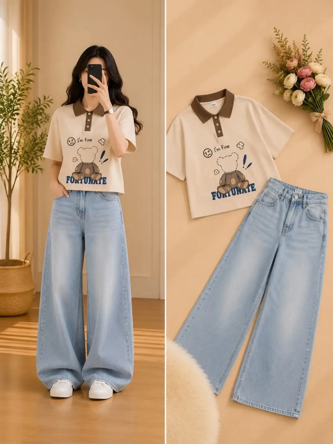 Maroon Contrast-Collar Knit Top & Wide-Leg Grey Denim Jeans Set - Image 5