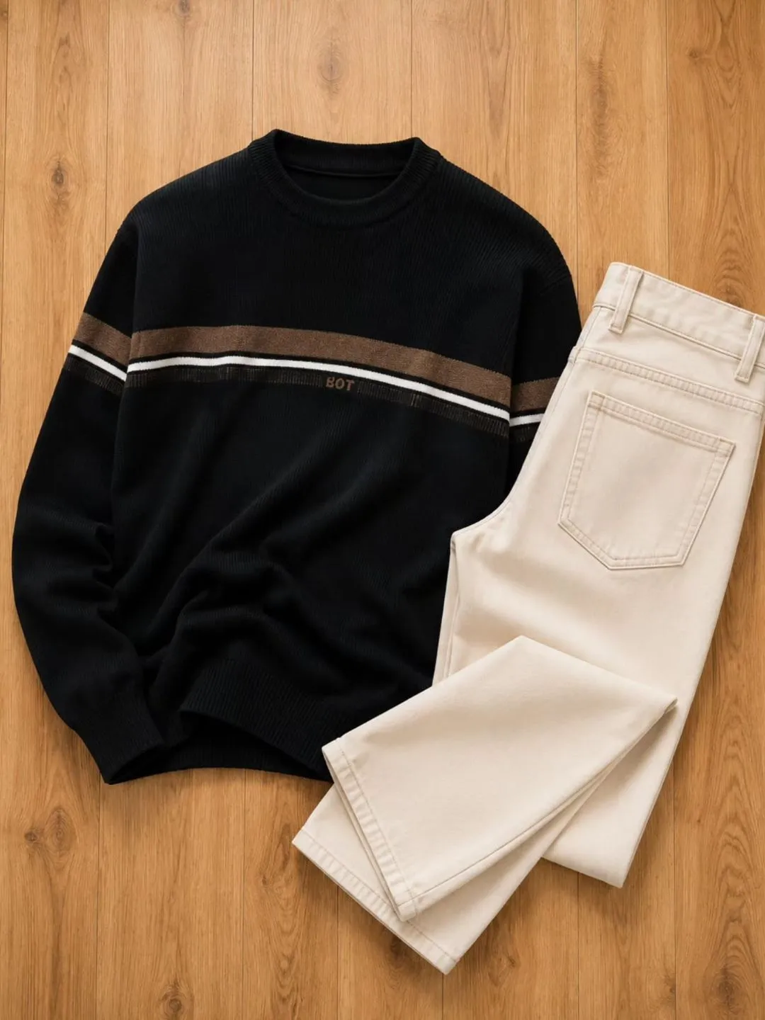 Navy Contrast-Trim Pullover Sweater & White Denim Jeans Ensemble - Image 5