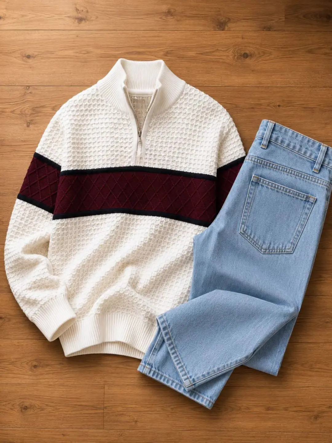 Navy Contrast-Trim Pullover Sweater & White Denim Jeans Ensemble - Image 2