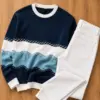 Navy Contrast-Trim Pullover Sweater & White Denim Jeans Ensemble
