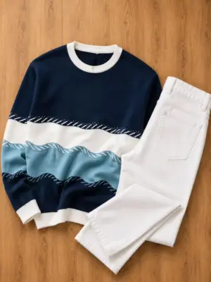 Navy Contrast-Trim Pullover Sweater & White Denim Jeans Ensemble
