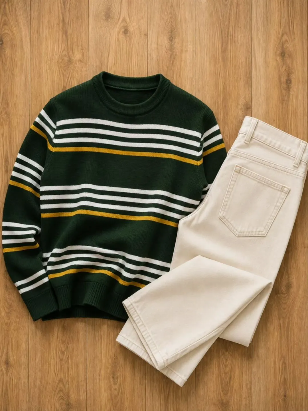 Navy Contrast-Trim Pullover Sweater & White Denim Jeans Ensemble - Image 3