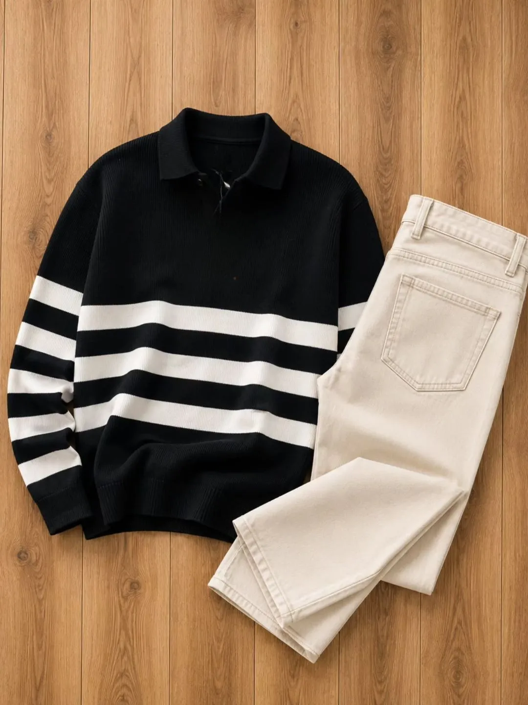 Navy Contrast-Trim Pullover Sweater & White Denim Jeans Ensemble - Image 4