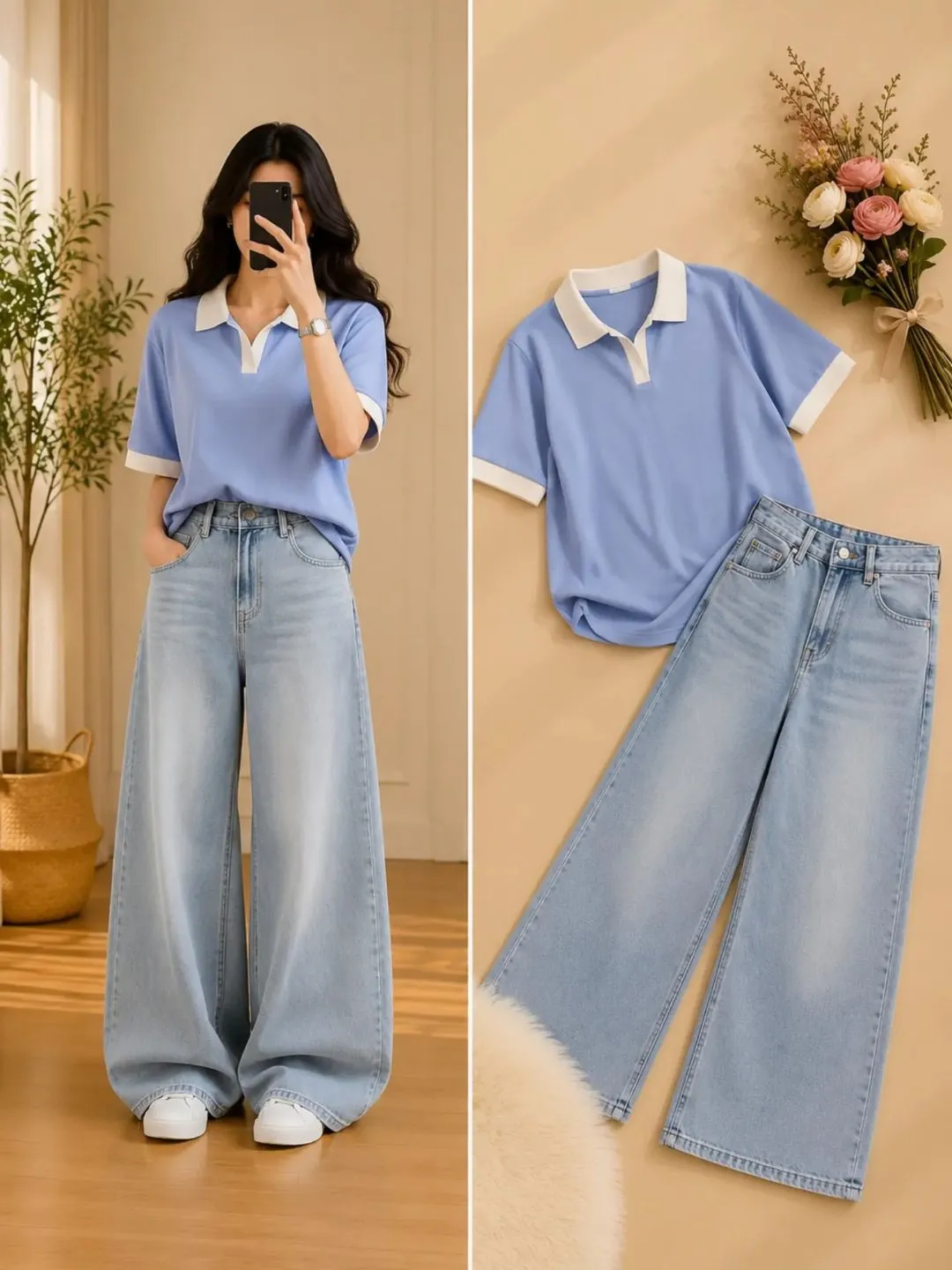 Maroon Contrast-Collar Knit Top & Wide-Leg Grey Denim Jeans Set - Image 2