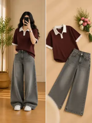 Maroon Contrast-Collar Knit Top & Wide-Leg Grey Denim Jeans Set