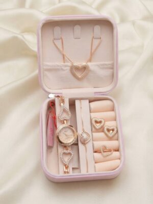 Rose Gold Heart-Themed Watch and Jewelry Gift Set