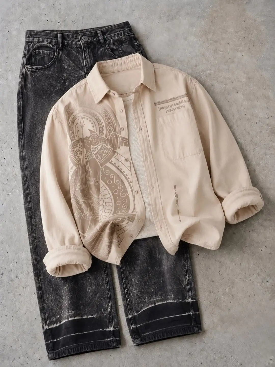 Mythological Graphic Maroon Shirt and Acid-Wash Denim Set - Image 3