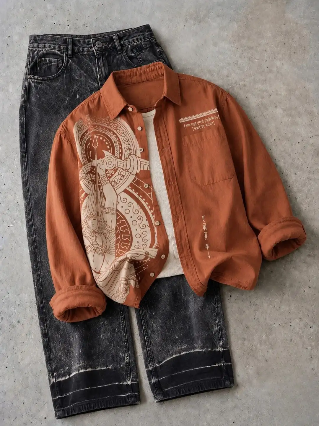 Mythological Graphic Maroon Shirt and Acid-Wash Denim Set - Image 4