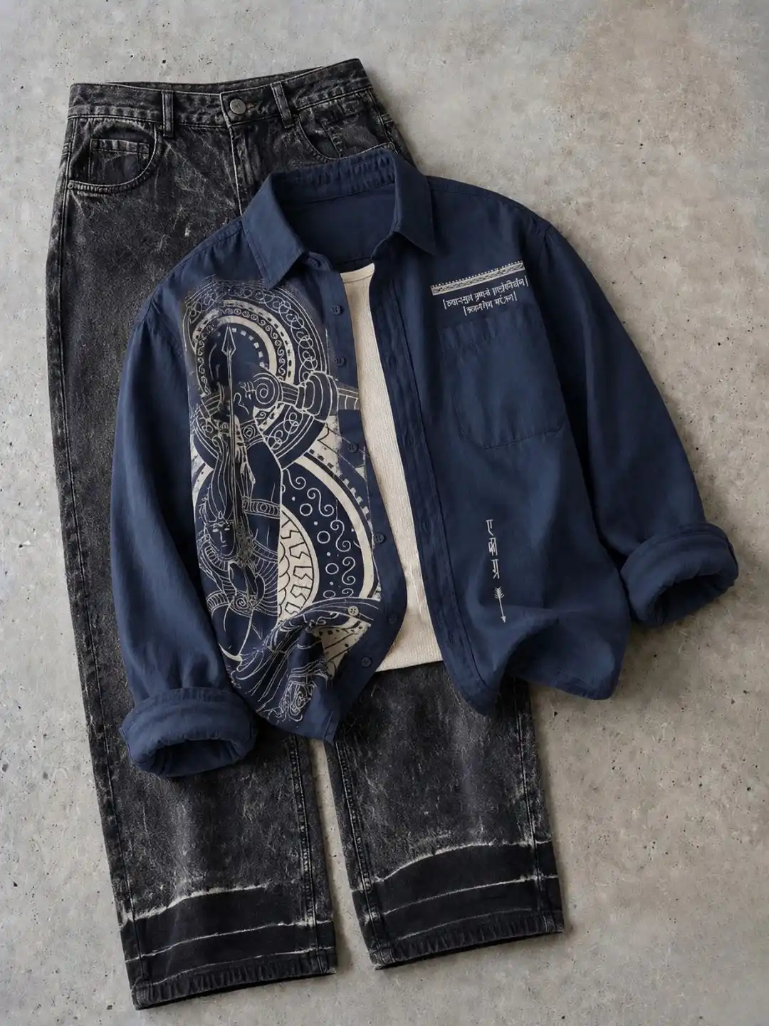 Mythological Graphic Maroon Shirt and Acid-Wash Denim Set - Image 2