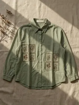 Sage Green Botanical Grid Embroidered Long-Sleeve Shirt