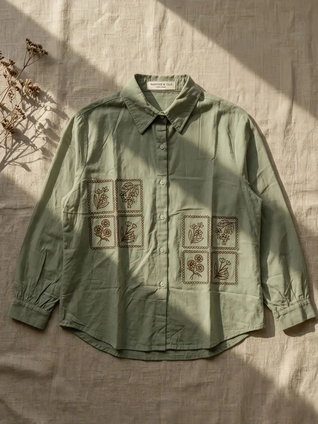 Sage Green Botanical Grid Embroidered Long-Sleeve Shirt
