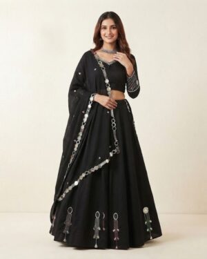 Midnight Black Mirror-Embellished Designer Lehenga Set