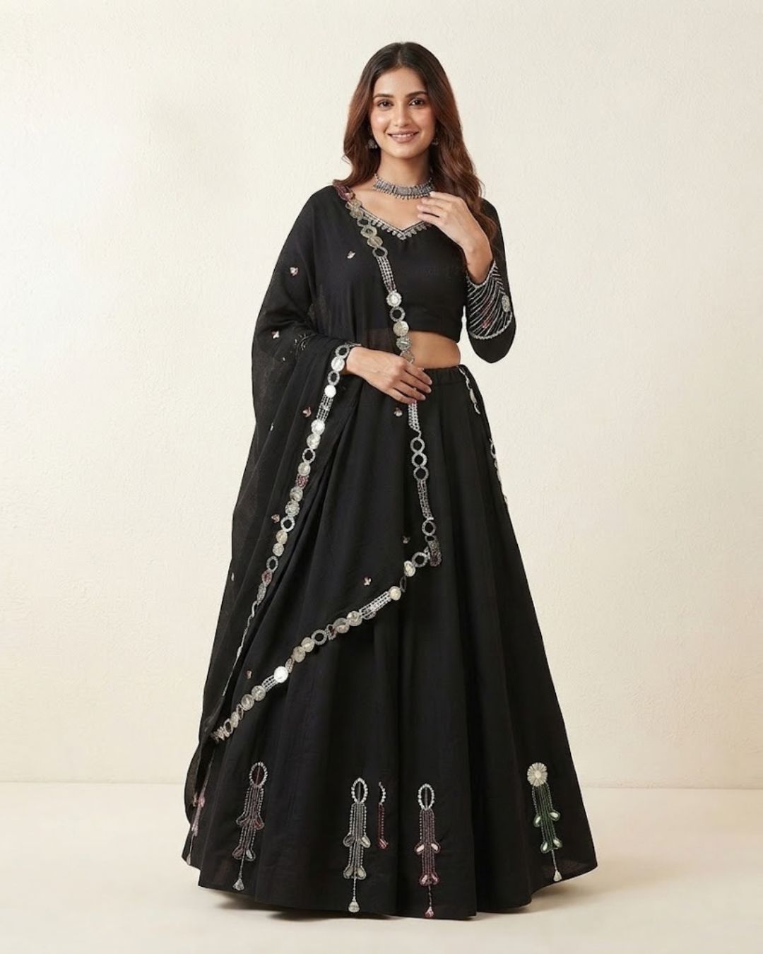 Midnight Black Mirror-Embellished Designer Lehenga Set