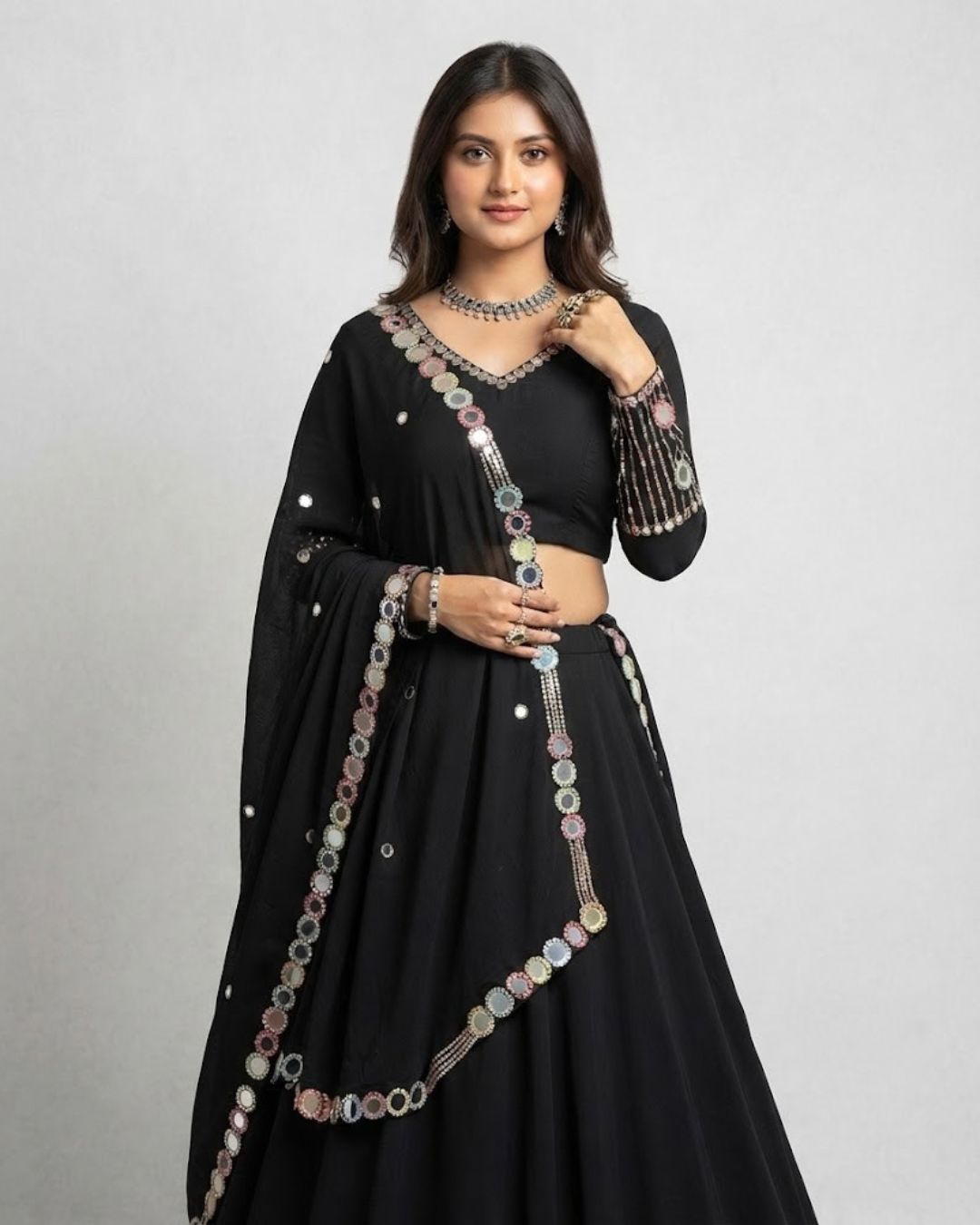 Midnight Black Mirror-Embellished Designer Lehenga Set - Image 2